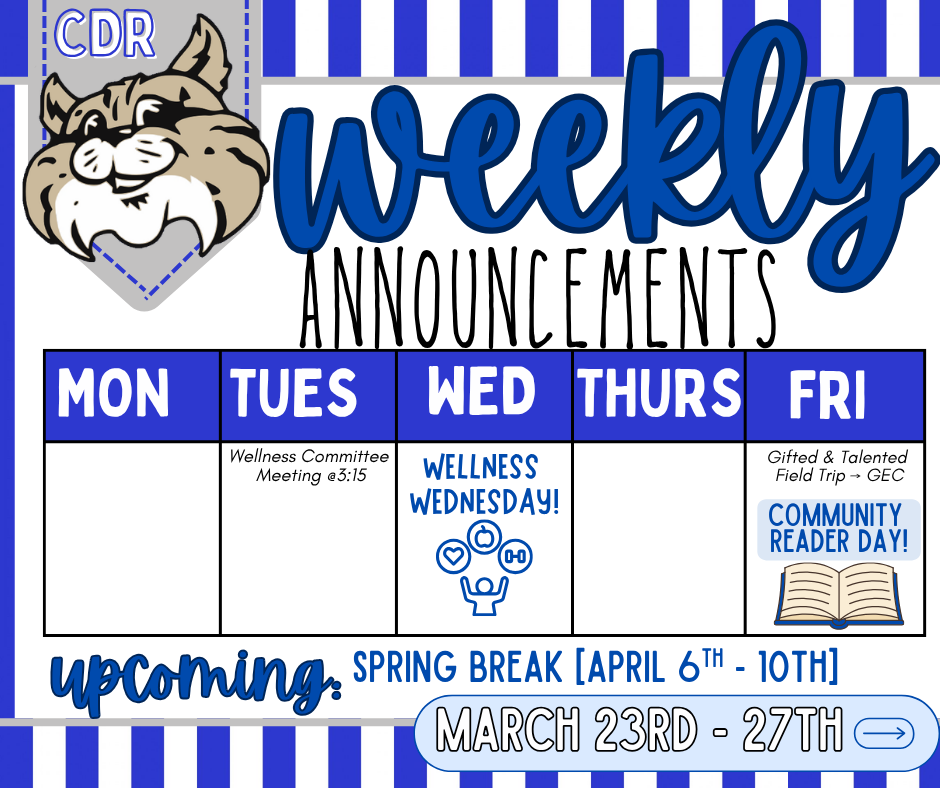 Weekly Announcements; March 23rd - 27th