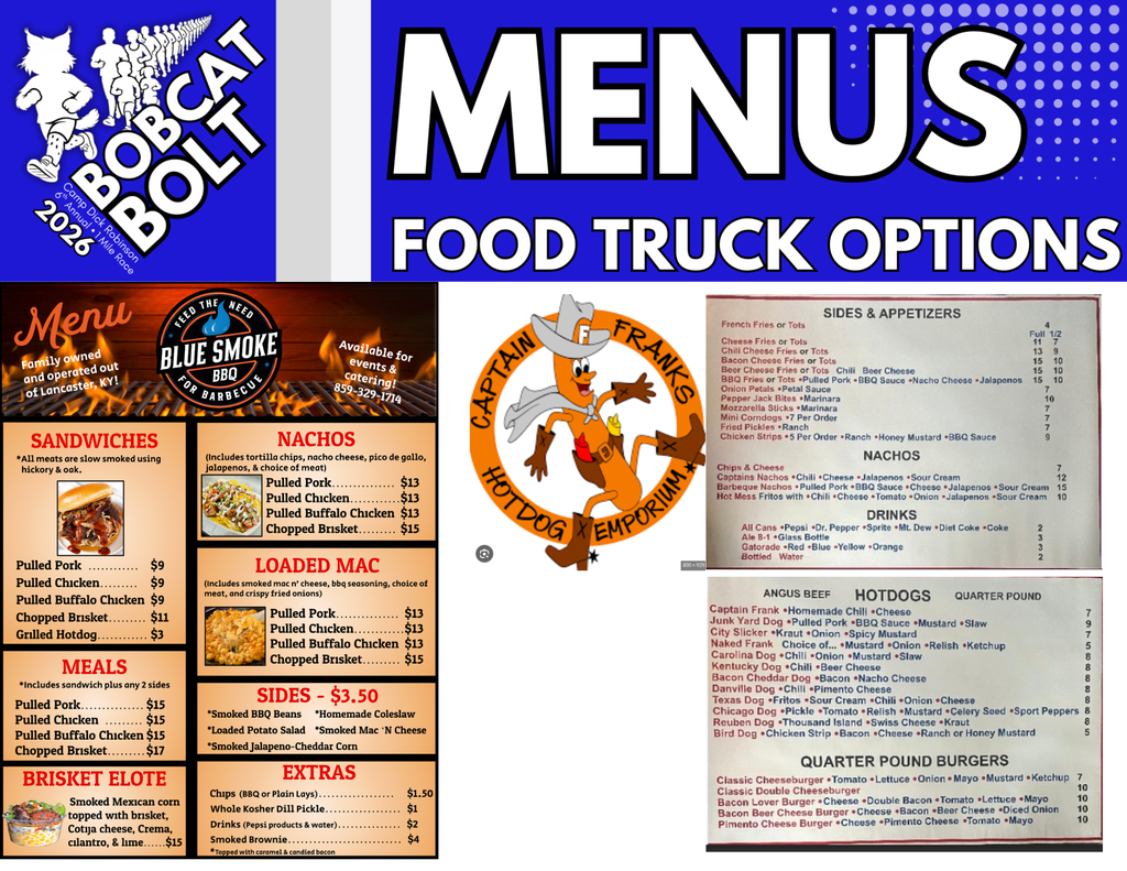 TODAY IS THE DAY!!  The Bobcat Bolt is the evening!! Warm-ups begin at 5:15! We hope everyone can make it out for a night of family fun, fitness,  and post race celebrations!   Attached is your Bobcat Bolt "Need to know Info", Race Map, and Food Truck Menus available during our post-race celebration! 
