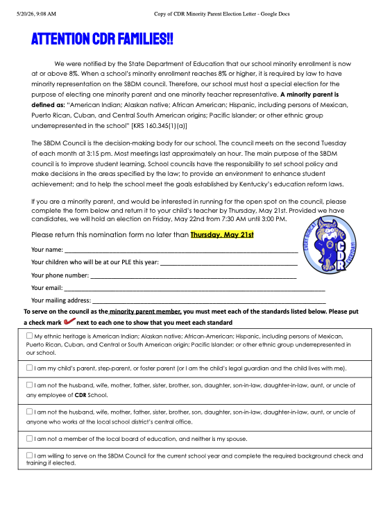 SBDM Minority Representative Needed