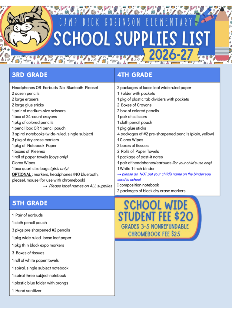 CDR School Supply List 2026-27