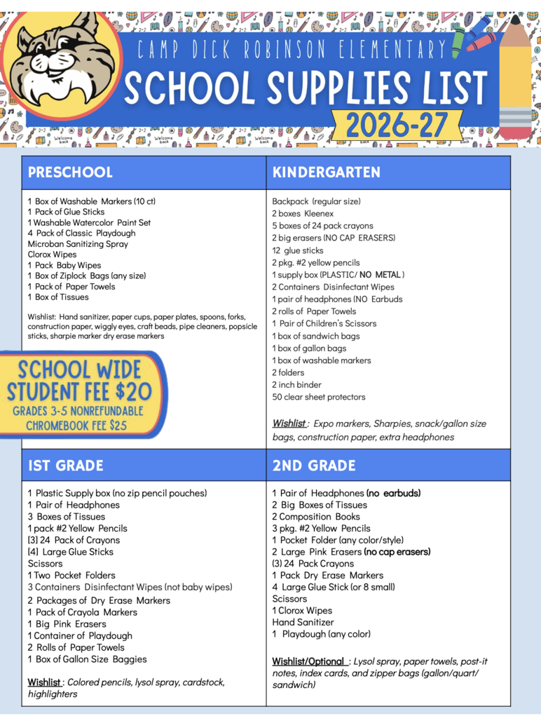 Happy Summer Break Bobcats! Back to School will be here SOON!  CDR School Supply List 2026-27