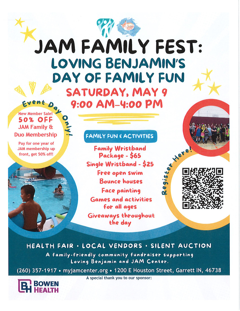 JAM Family Fest on Saturday, May 9 from 9 am to 4 pm at the Jam Center in Garrett