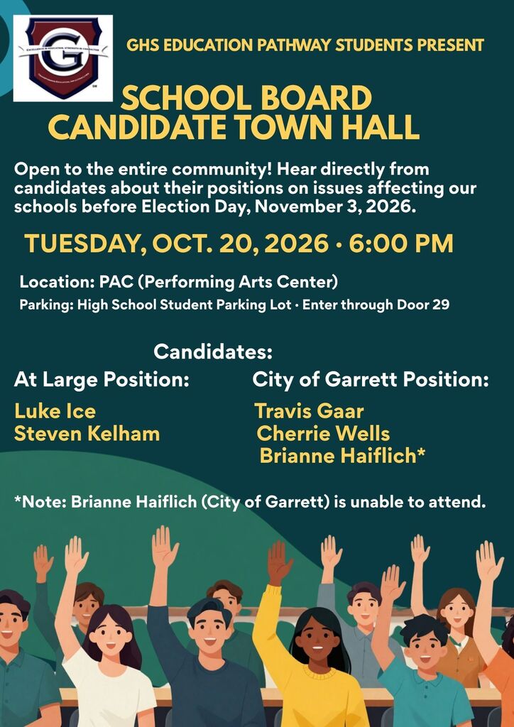 Want to know more about candidates for the Garrett-Keyser-Butler CSD school board before elections this November? On Tuesday, October 20 at 6 p.m., a candidate Town Hall – presented by GHS Education Pathway students – will take place in the school PAC. Interested in attending? The event is open to the public, with parking in the high school lot and access at Door 29.