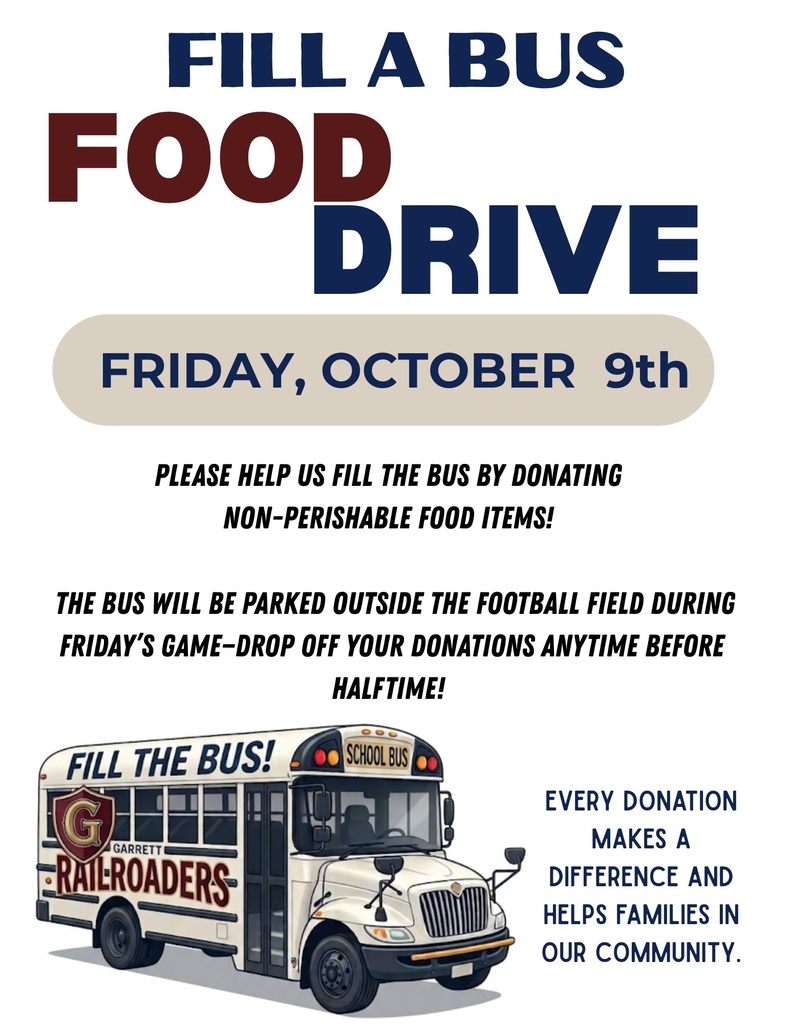 🚌🥫 HELP US FILL THE BUS! 🥫🚌 Join us this Friday, October 9, for our Fill a Bus Food Drive during the Homecoming football game! We're collecting non-perishable food items to help families in our community. 🏈 A bus will be parked outside the football field during Friday night's game. Drop off your donations anytime before halftime! Every donation makes a difference! Let's come together, Railroaders, and FILL THAT BUS! 🚂💪 #FillTheBus #CarryTheG