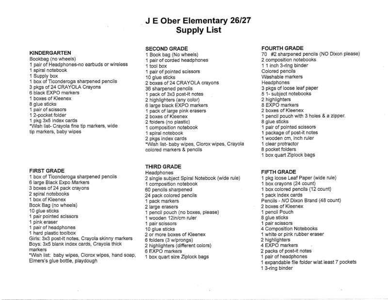 JE Ober Supply List 2026