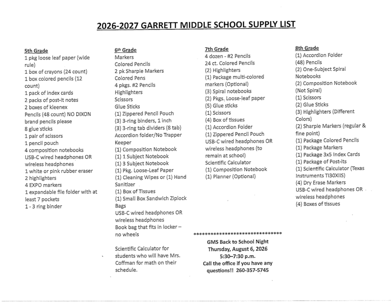 Garrett Middle School Supply List 2026
