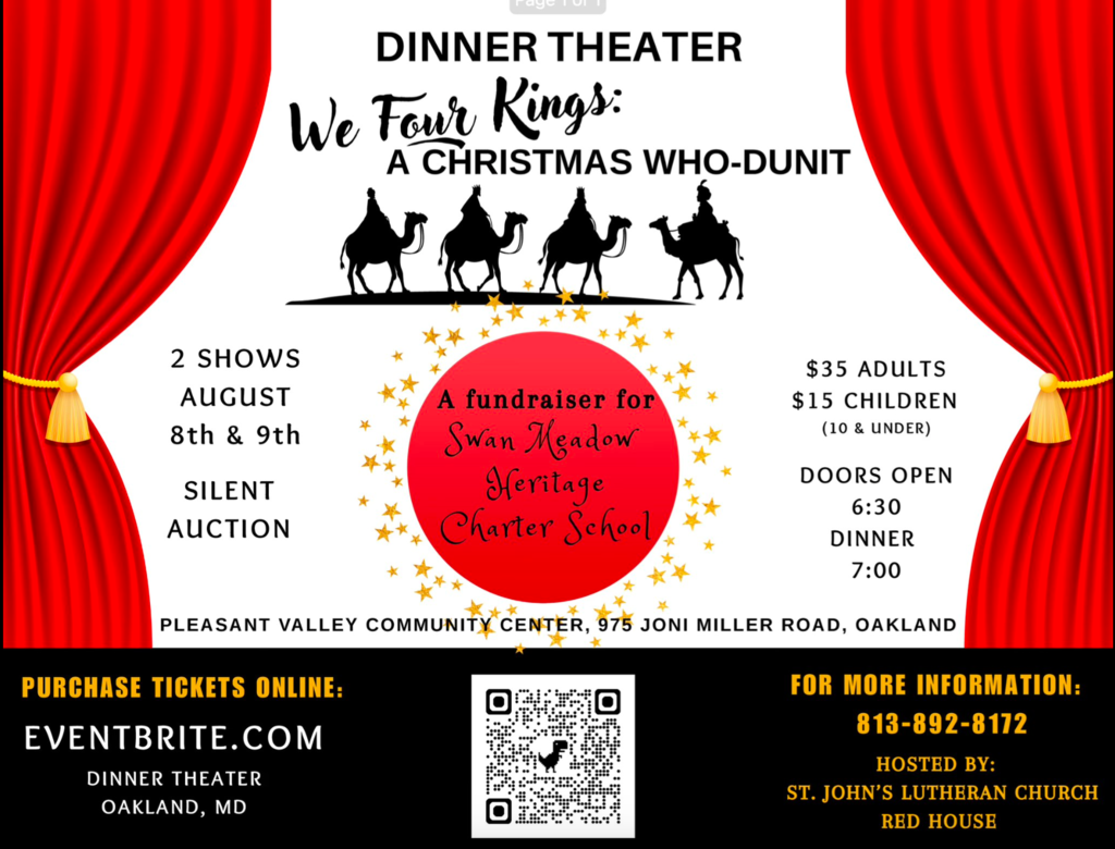 A flyer presents key information about the Dinner Theater Fundraiser and a QR code to purchase ticket.