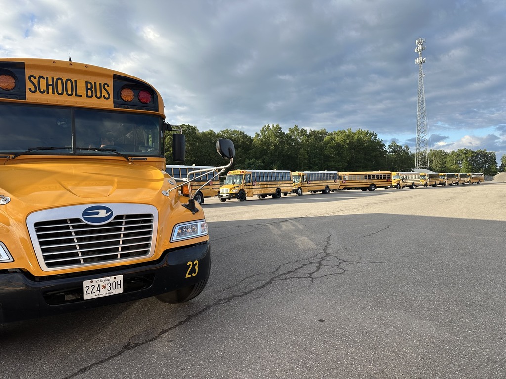 Image of school buses lined up in a parking lot for inspection.