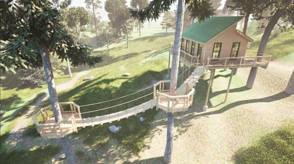 Rendering of the back exterior of the tree canopy classroom and aerial walkways.