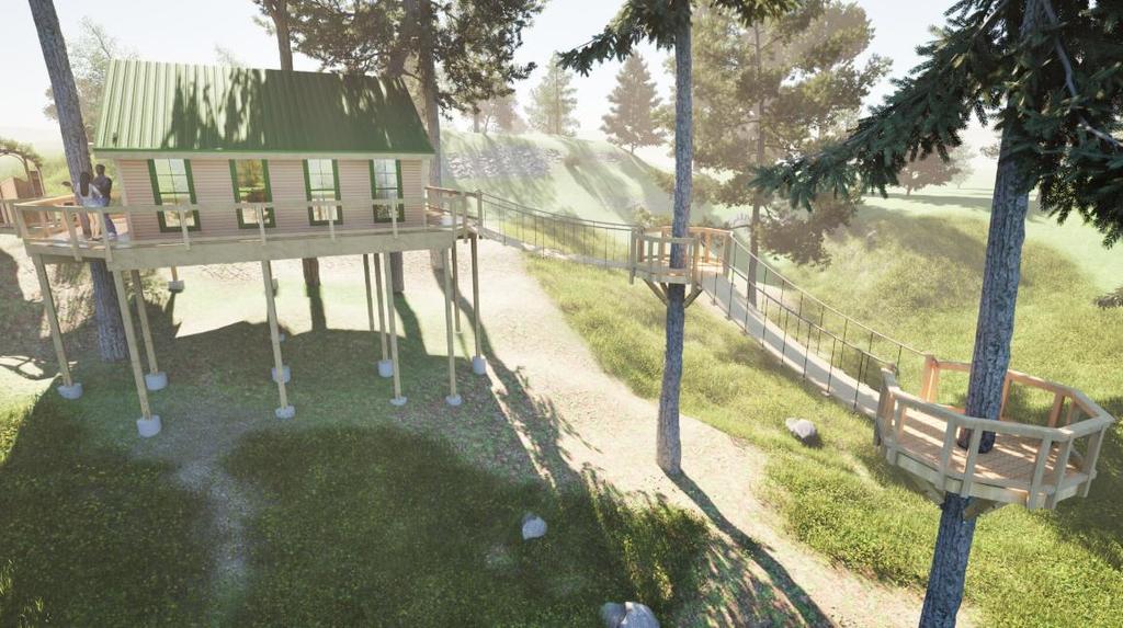 Rendering of the exterior of the tree canopy classroom and aerial walkways.