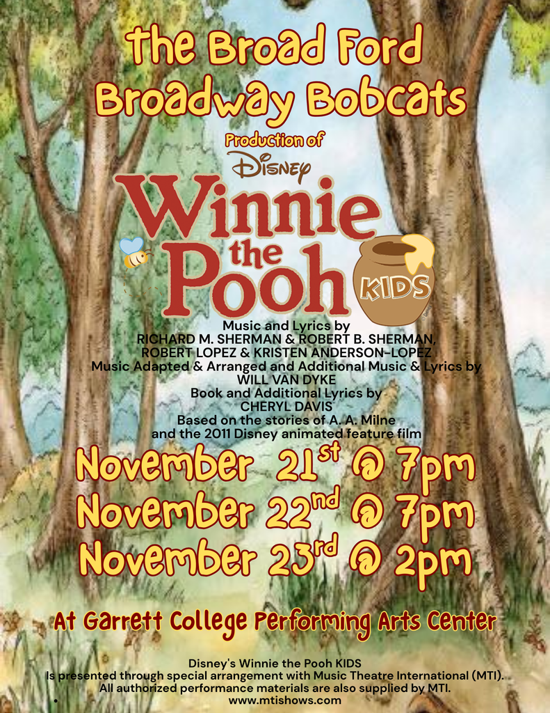 Graphic highlighting the Broad Ford School upcoming performance of Winnie the Pooh Kids, as detailed in the text below.