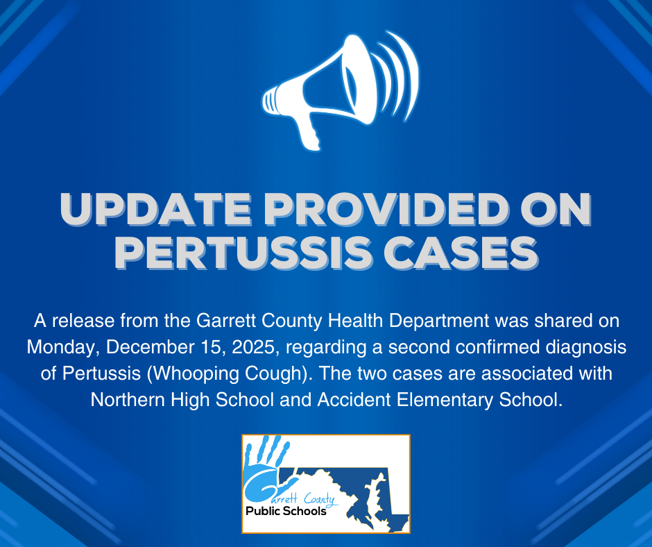 Graphic highlighting an update on Pertussis cases as detailed in the text.