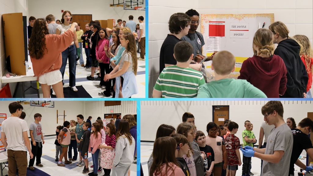Collage of images with Southern High students sharing their science fair projects with Grantsville Elementary students, as detailed in the text.