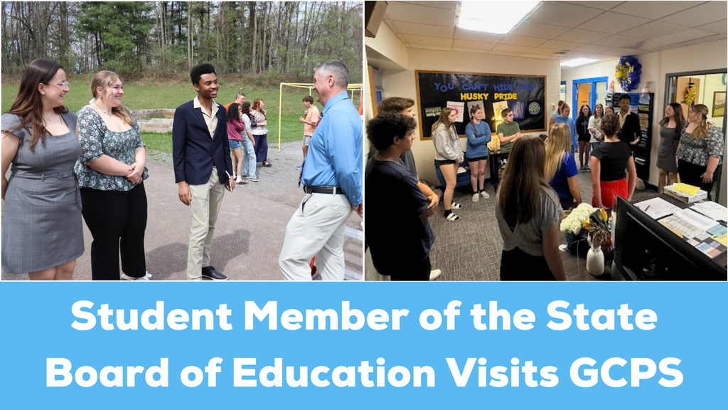 Picture collage of the MD State Student Member of the Board talking with administration and students.