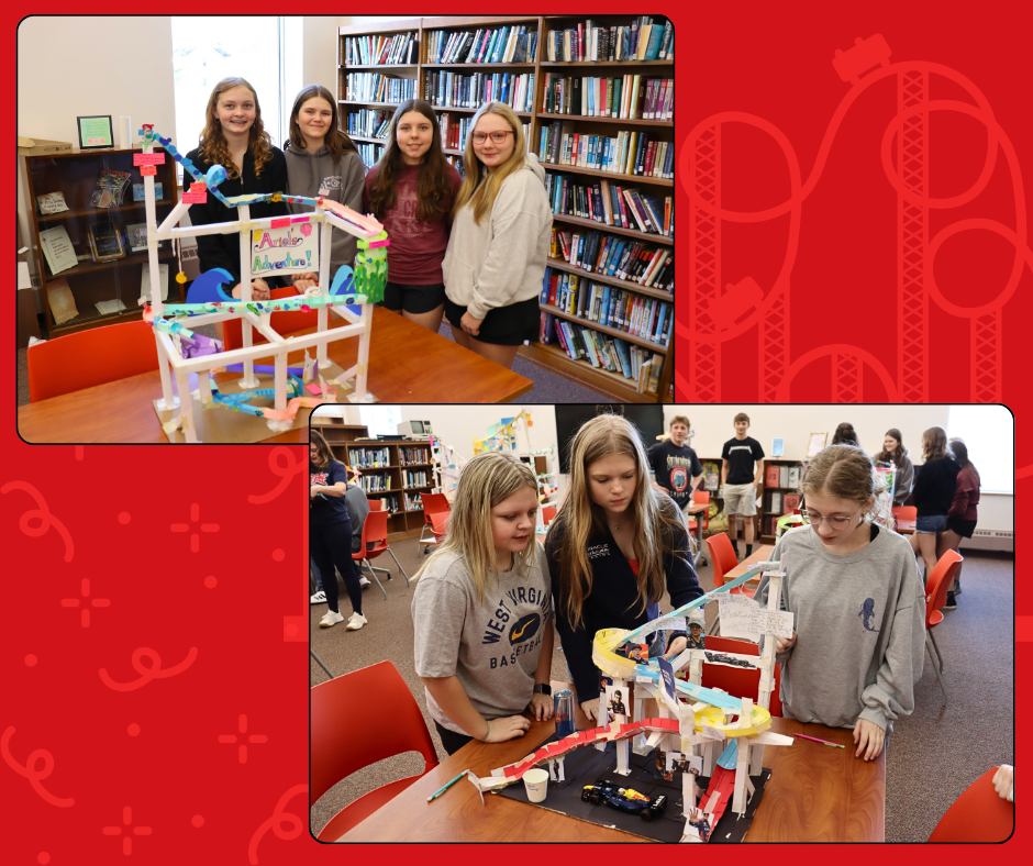 Collage of two images of students with their coaster projects.