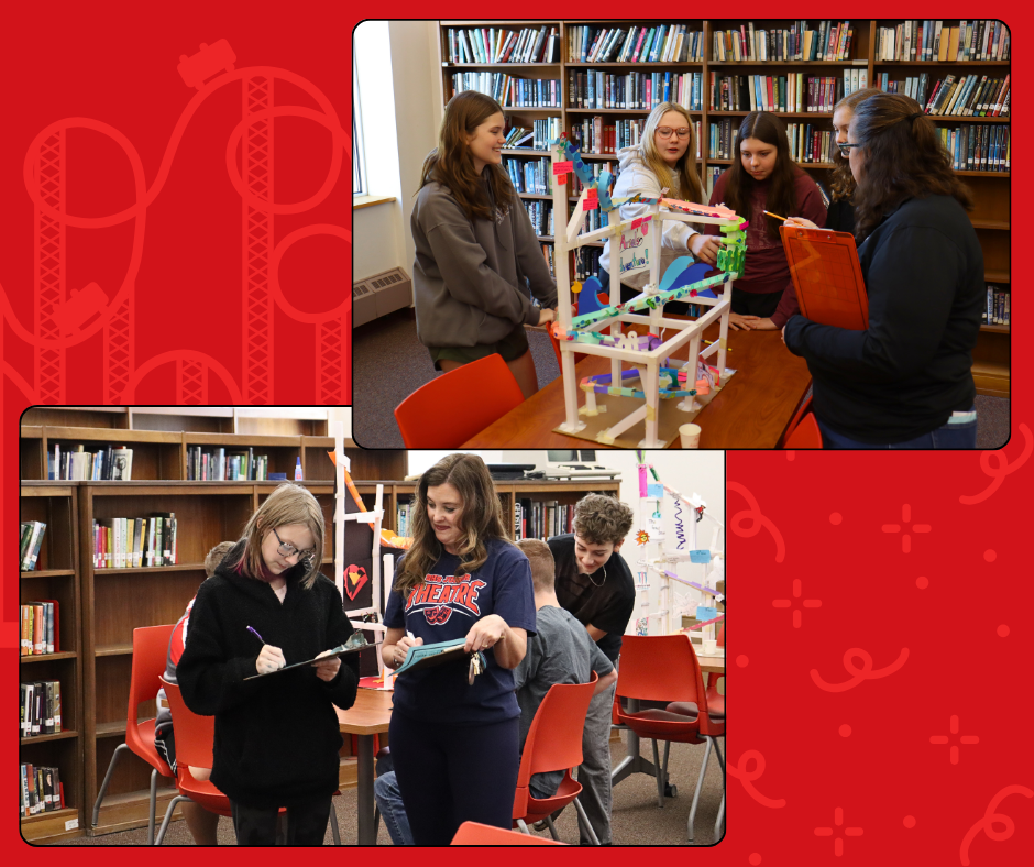 Collage of two images. Students with their coasters and judges scoring.