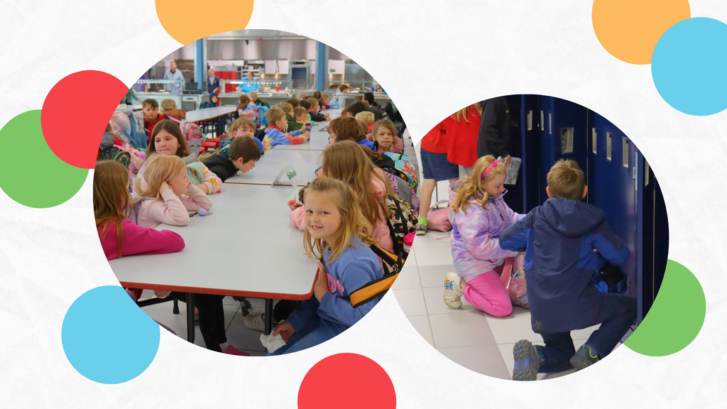 Students are waiting in a cafeteria to go to their classroom, and students are shown getting into their lockers.