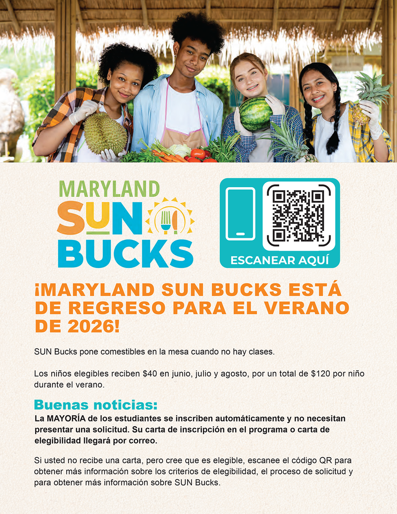 Folleto que destaca el programa Maryland Sun Bucks en español, tal como se detalla en el texto.