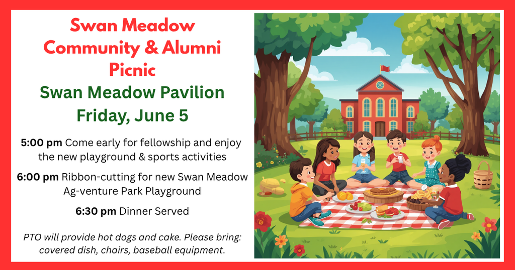 Image of Swan Meadow Community Picnic Flyer with graphic of children eating on a picnic blanket