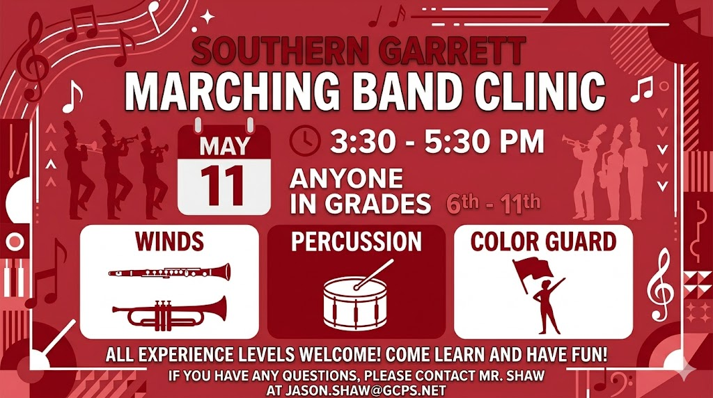 Graphic highlighting a marching band clinic, as detailed in the story.
