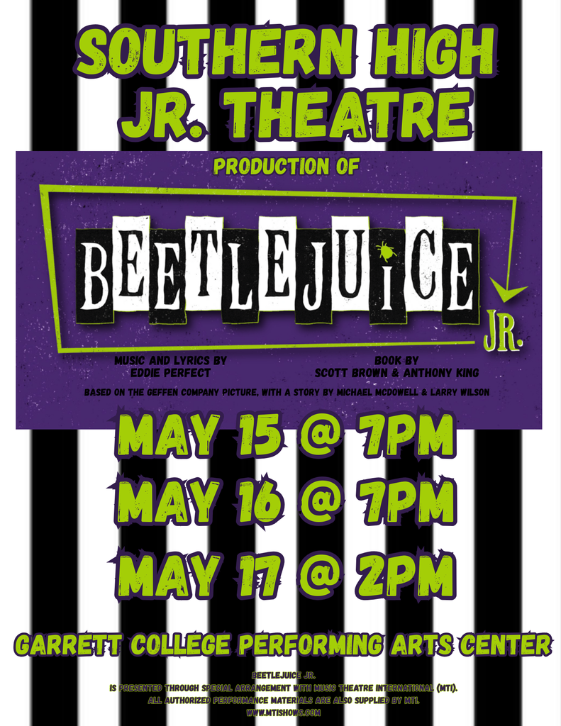 Graphic highlighting Beetlejuice Jr. productions by the Southern High Junior Theatre, as detailed in the text.