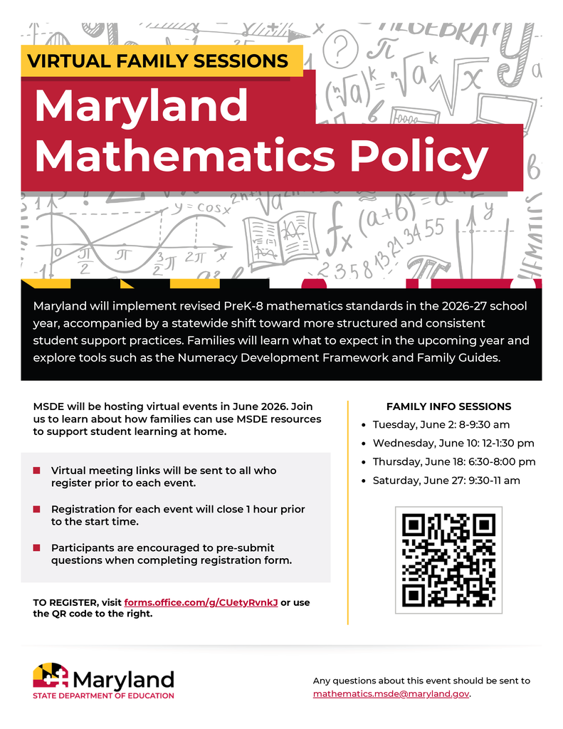 Flyer highlighting Virtual Family Sessions for the updated Maryland Mathematics Policy, as detailed in the text.