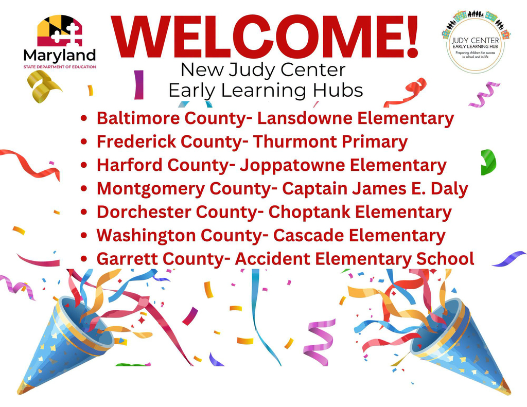 Graphic highlighting new Judy Center Learning Hubs, including Accident Elementary, as detailed in the text.