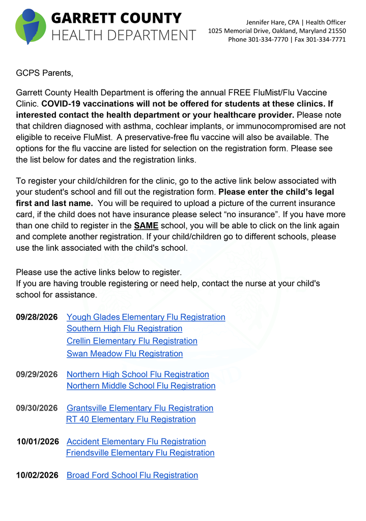 Screenshot of a letter from the Garrett County Health Dept. about Flu Clinics, as indicated in the text.