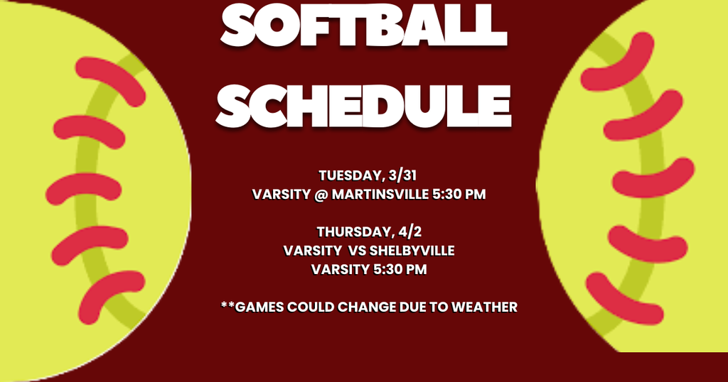 Softball Schedule week of 3/30/2026