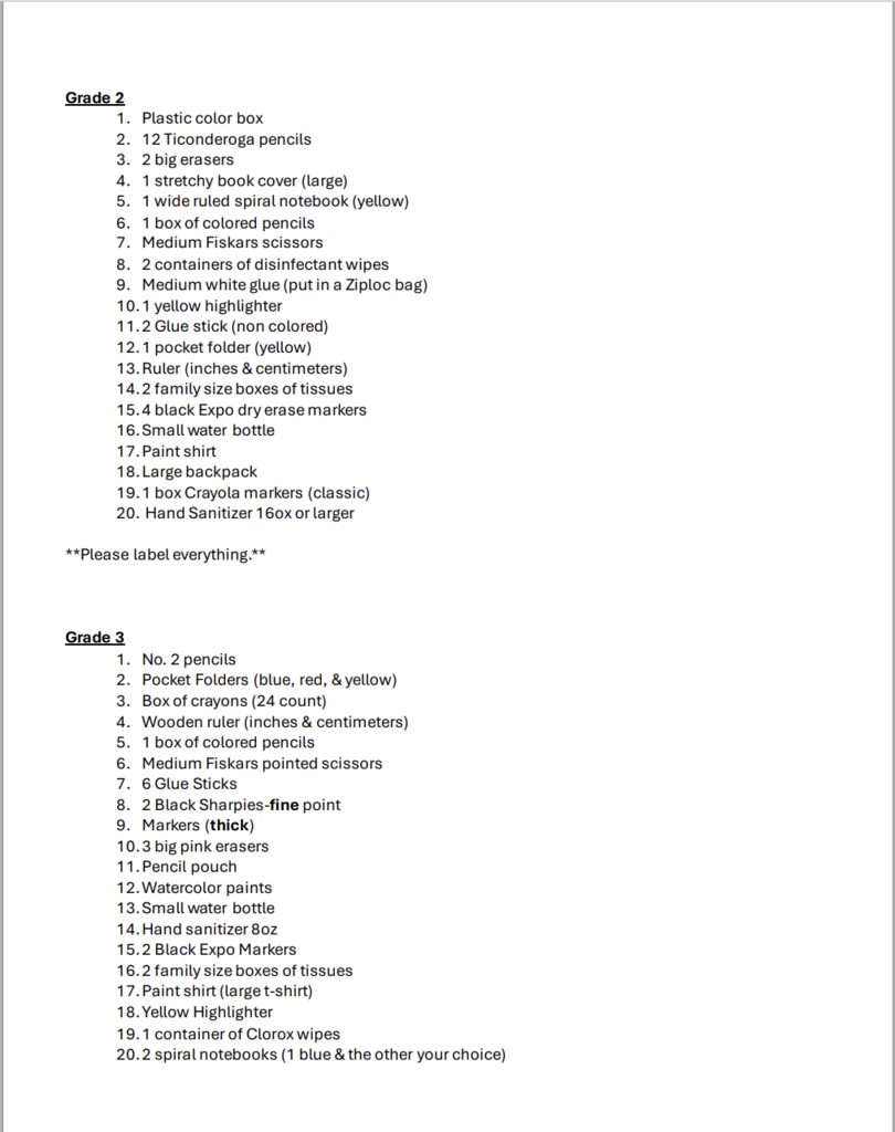 Supply List 2