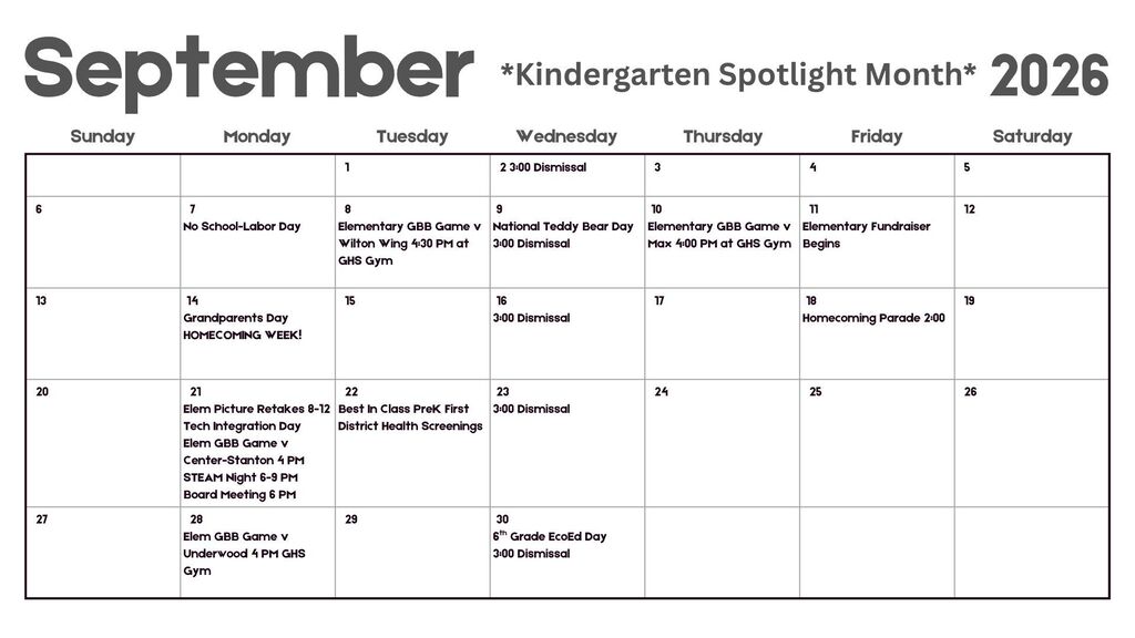 September 2026 elementary events calendar