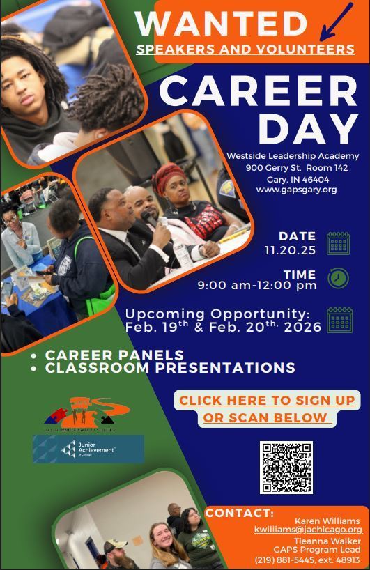 G.A.P.S. AND westside career day flyer. Wanted are speakers and volunteers. 