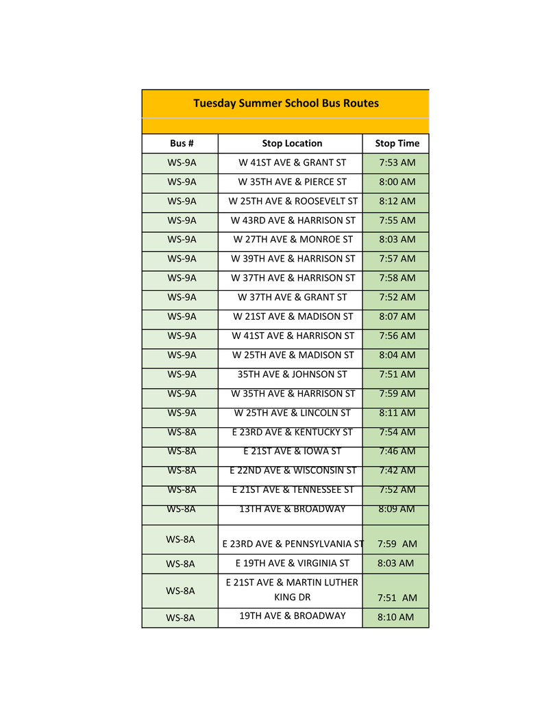 Summer School Bus Routes