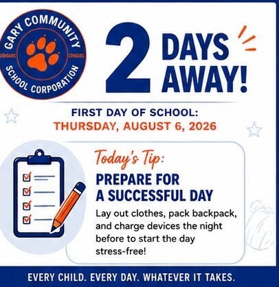 2-days-away flyer with tip to prepare for a successful day of school