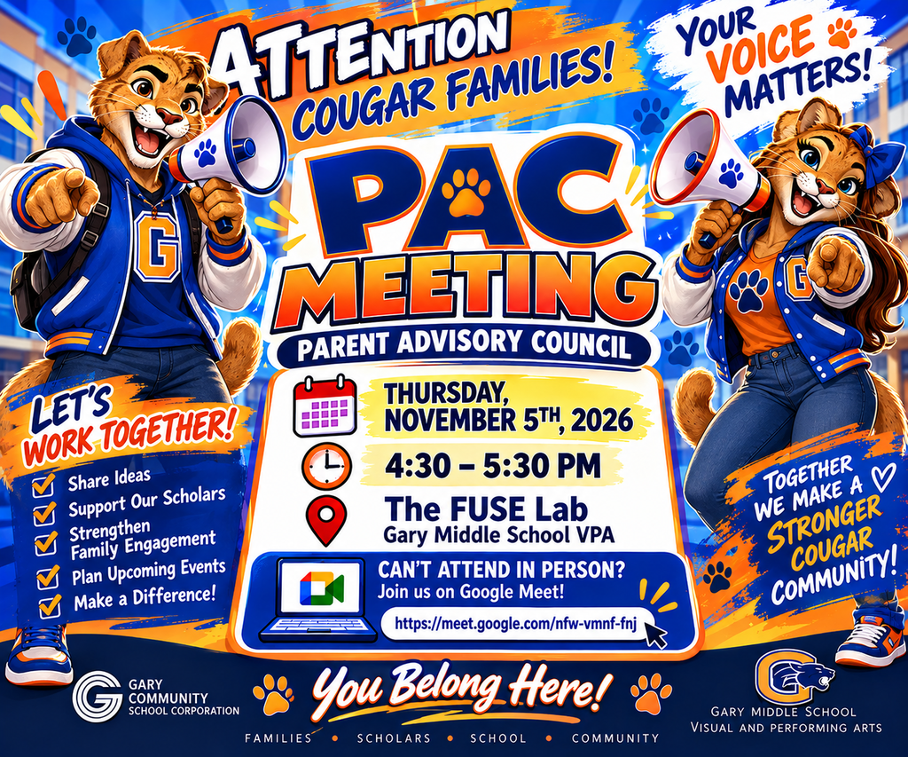 🐾 A vibrant royal blue and orange flyer features two young adult Cougar mascots, male and female, holding megaphones and announcing the GMS VPA PAC Meeting on Thursday, November 5, from 4:30–5:30 p.m. in the FUSE Lab. Attend in person or virtually through Google Meet. RSVP to ccole@garyschools.org. Your voice matters! You belong here!