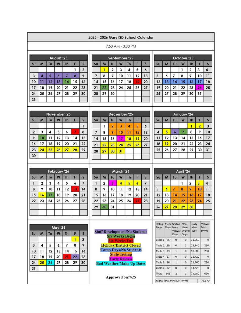 2025 - 2026 Gary ISD School Calendar Approved 7_25_25_page-0001