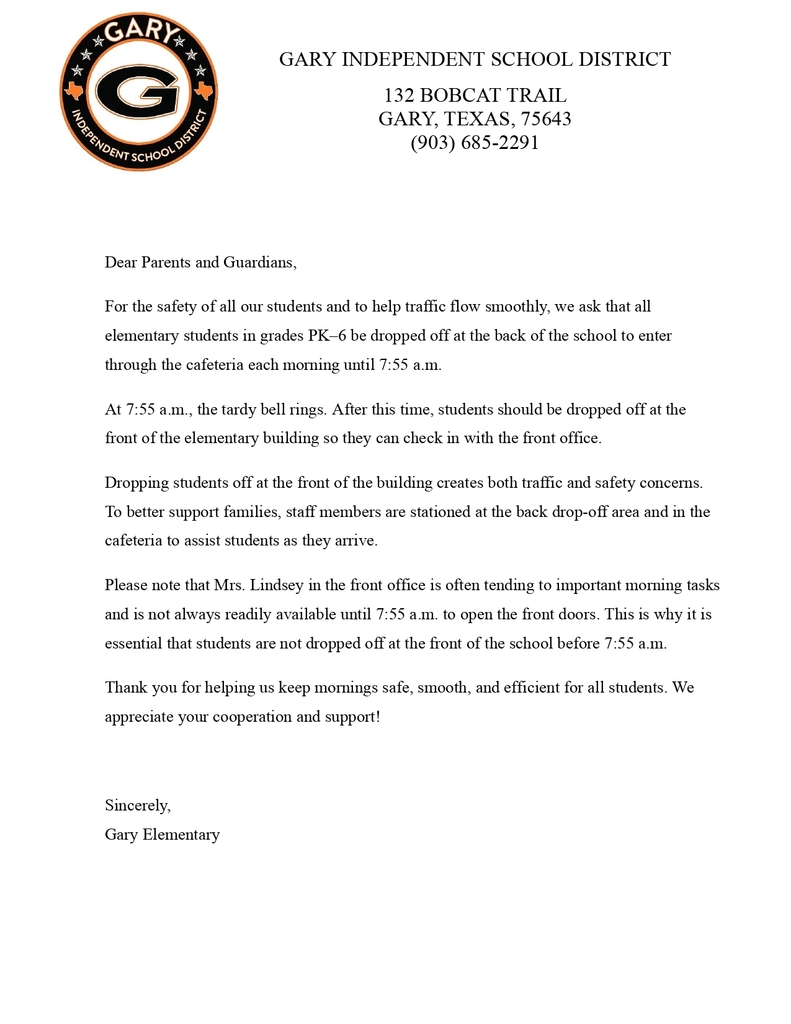 Parent Drop Off Letter