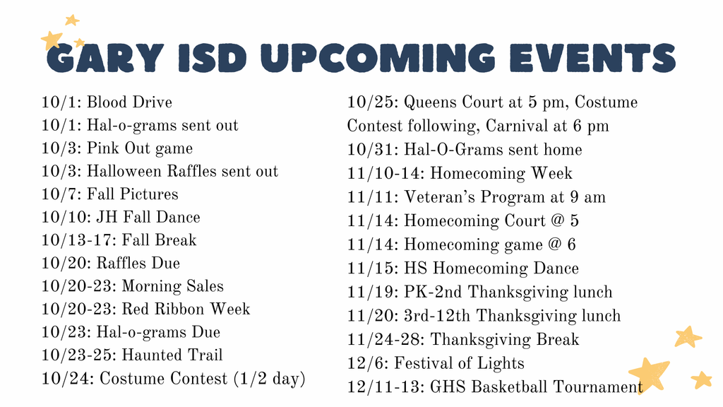 Semester 1 GISD Upcoming Events