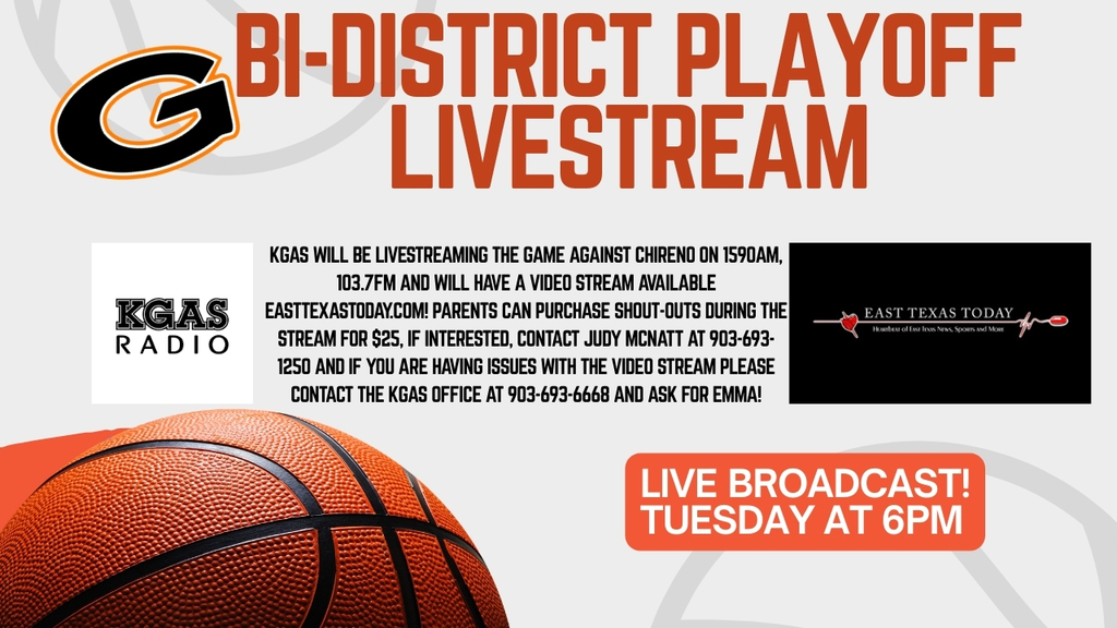 KGAS Livestream of the Bi-District playoff game will be on Tuesday, 6PM on 1590AM or 103.7FM as well as livestreamed online at Easttexastoday.com!