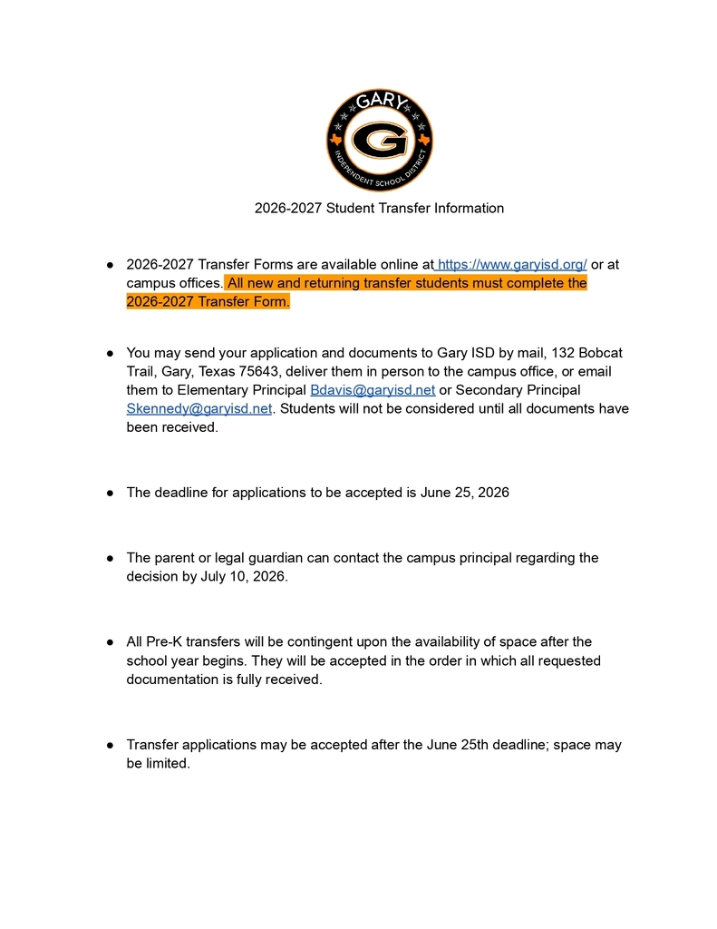 2026-2027 Student Transfer Information