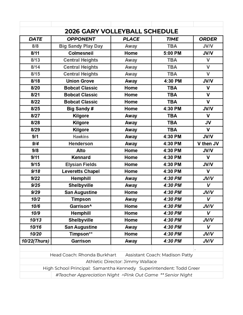 2026-2027 GHS Volleyball Schedule