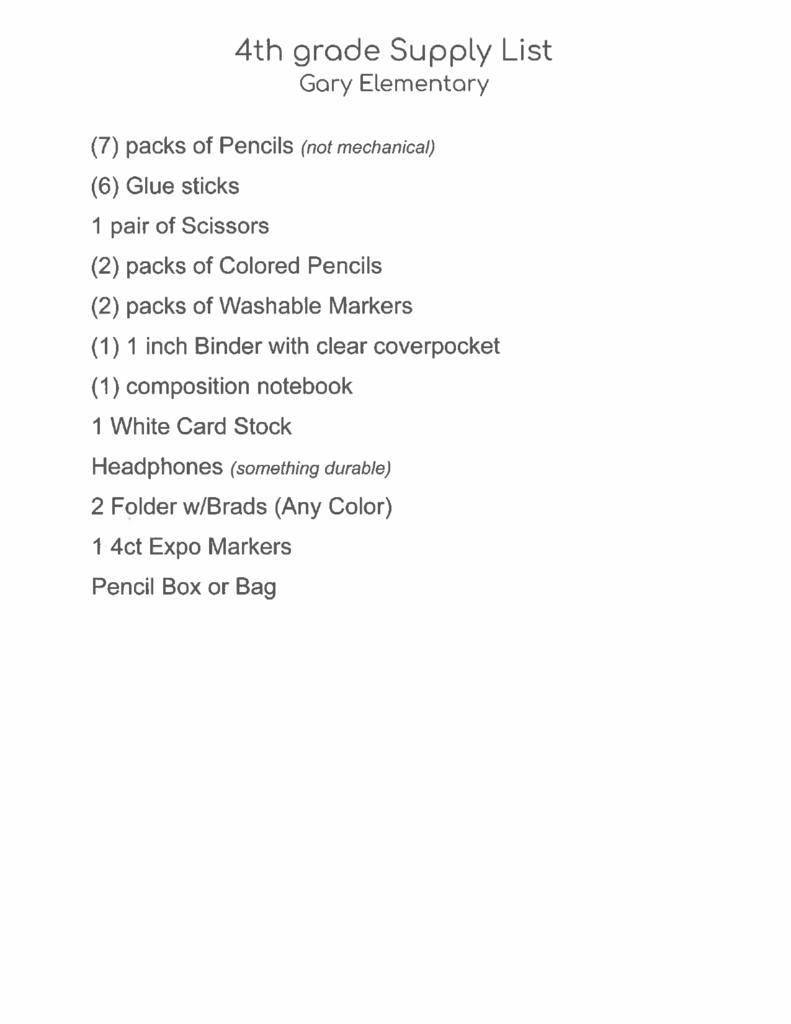 4th Grade Supply List
