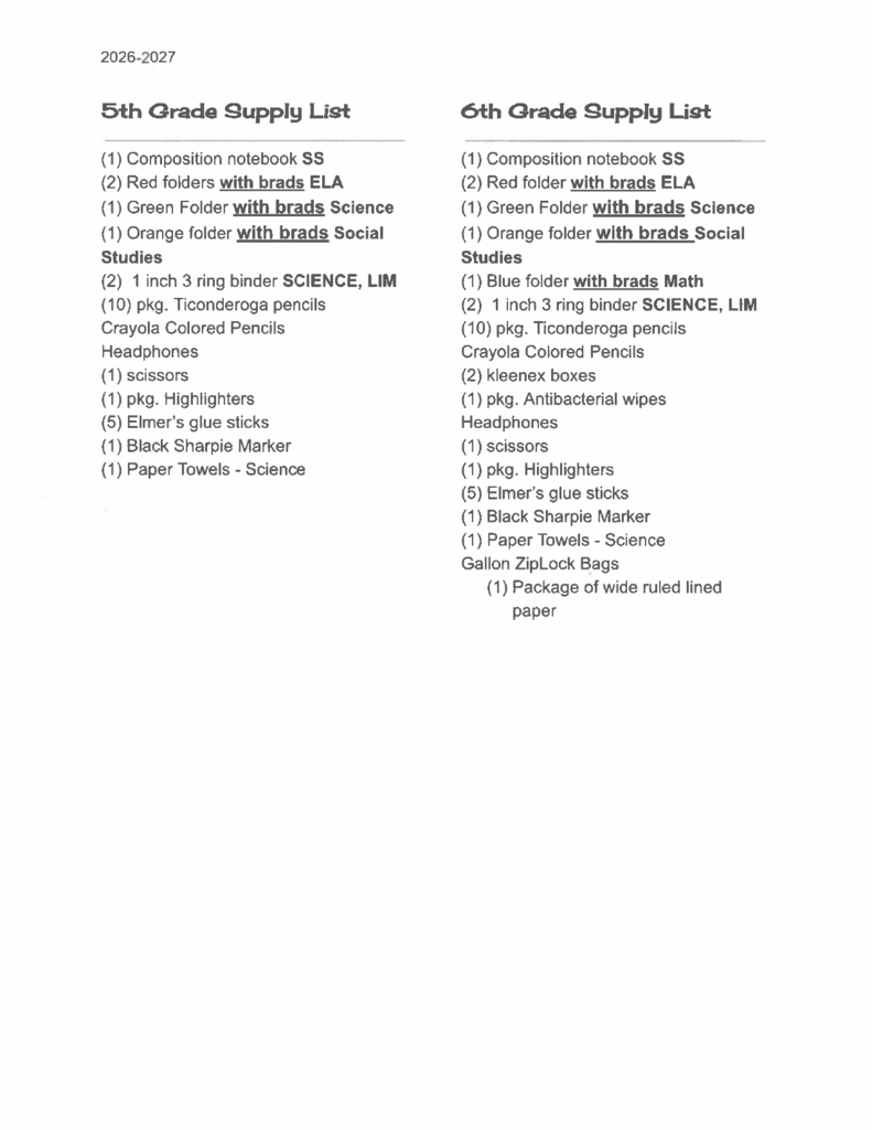 5th and 6th Grade Supply List