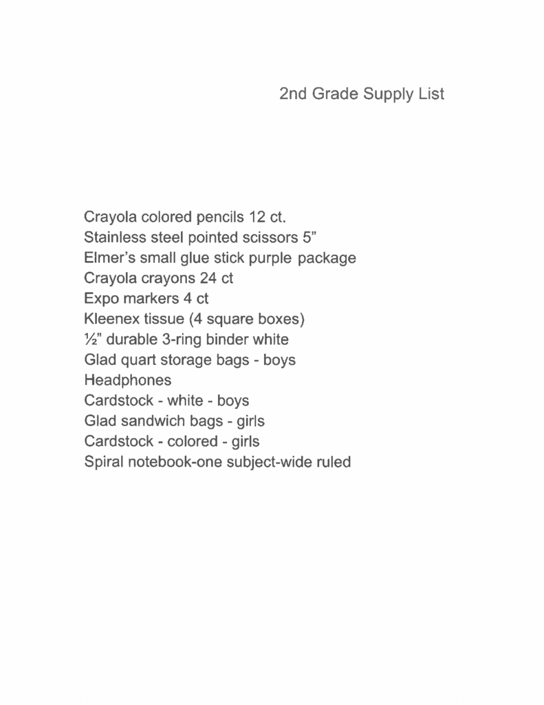 2nd Grade Supply List