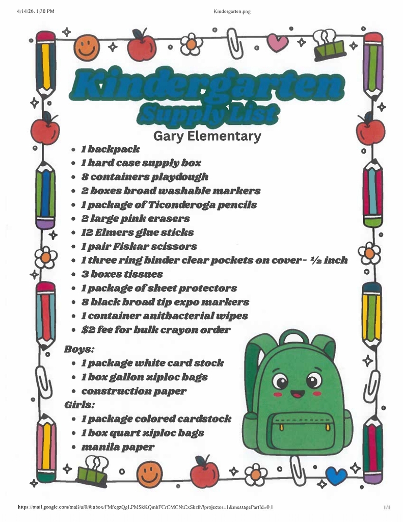 Kindergarten Supply List