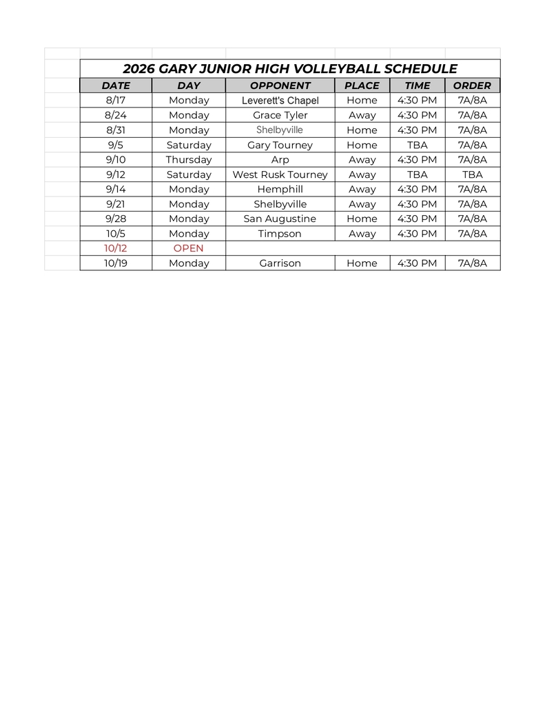 JH Volleyball Schedule