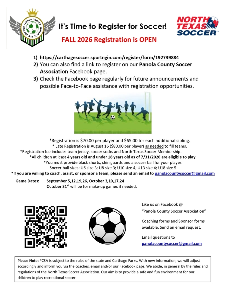 2026 Fall Soccer registration is open for Panola County!