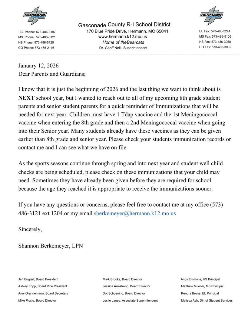 January Immunization reminder for upcoming 8th and senior students 