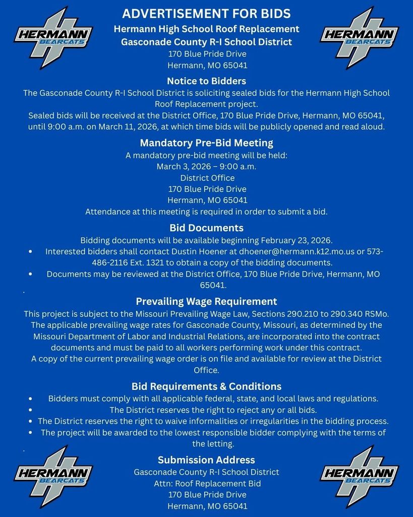 Advertisement for High School Roof Replacement Bids