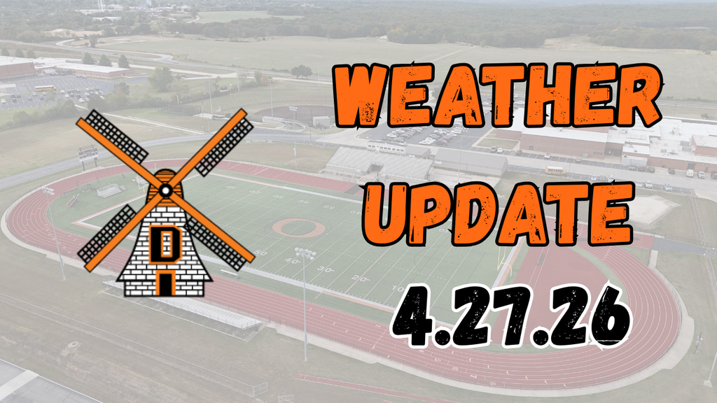 Aerial view of a football field with a windmill logo. Text reads "WEATHER UPDATE 4.27.26" in bold orange.